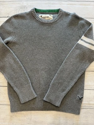 Suéter masculino American Eagle grande cinza gola redonda algodão lã malha listra pulôver - Imagem 1 de 4