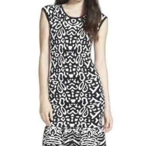 Felicity & Coco Selia Black White Print Ruffle Hem Sweater Dress Medium Nwt - Picture 1 of 7