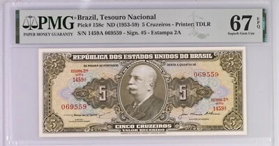 Brazil 5 Cruzeiros ND (1953-59) P 158b ➖UNC 67 PMG ➖ - Image 1 of 3