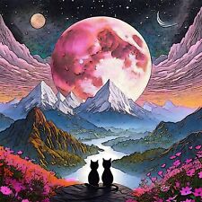 Cats Watching The Pink Moon Wall Art Print 8x8 Poster Decor