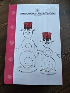 Snowmen Top Hat Votive Candle Holders Pair International Silver Company Vintage  - Picture 1 of 3