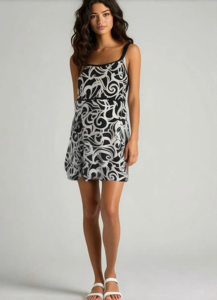 Longitude Women's Swim Suit Size 18 Black White Swirly Pattern Spaghetti Straps - Image 1 of 4