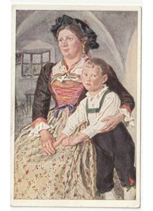 arte in cartolina - donna mamma figlio bambino costume tipico - Photo 1 sur 2
