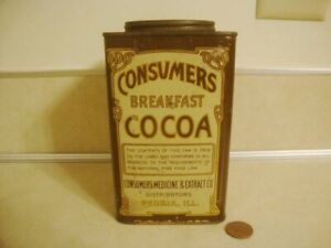 Vintage Breakfast COCOA Tin by CONSUMER'S Peoria Illinois 1 lb Can Advertising!