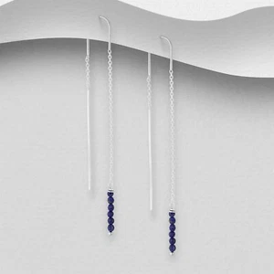 925 Sterling Silver Genuine Lapis Lazuli Thread Through Earrings Threader Women - Foto 1 di 2