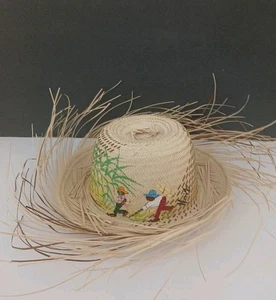 Hecho a mano y tejido pintado Haití ala de paja caña de azúcar sombrero firmado HAITÍ NUEVO - Imagen 1 de 17