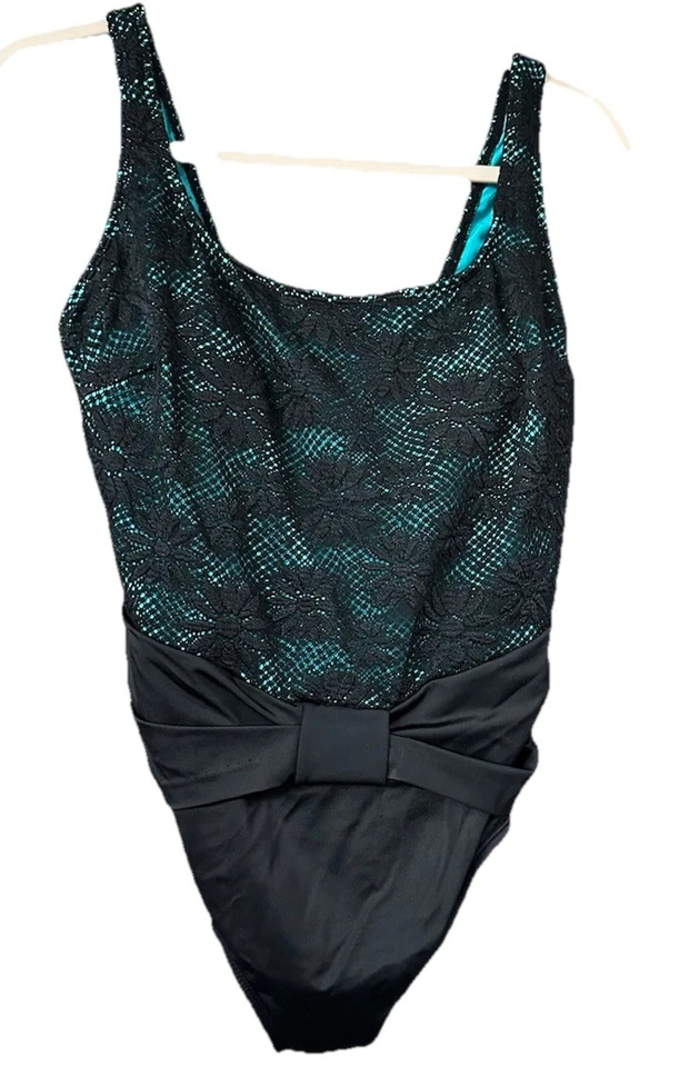 Longitude Womens Blue w/ Black Crochet Daisies Overlay One Piece Swimsuit Sz 12 - Image 1 of 4