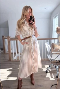ZARA SS25 GESTREIFTES MIDIKLEID MIT GÜRTEL ECRU/ROTBRAUN| 5029/068_XS Neu mit Etikett - Bild 1 von 15