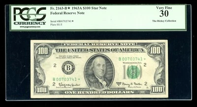 DBR 1963-A $100 FRN New York STAR Fr. 2163-B* PCGS 30 Serial B00703741* - Image 1 of 2