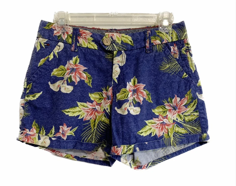 Pantalones Cortos Chinos Tommy Hilfiger Mujer Talla 26 Azul Tropical Floral Verano Viaje Foto 1 de 4