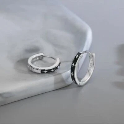 Black Enamel Hip-Hop Style Hoop Earrings For Men's In 10K White Gold - Image 1 of 4