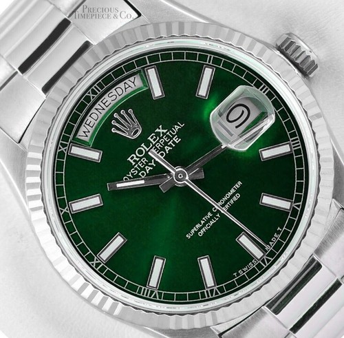 Rolex Mens Day Date 36mm Presidential 18239 18k White G Green Stick Dial