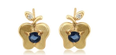Pendientes de manzana con piedras preciosas azules zafiro relleno de oro amarillo de 24 quilates para mujer niña Foto 1 de 2