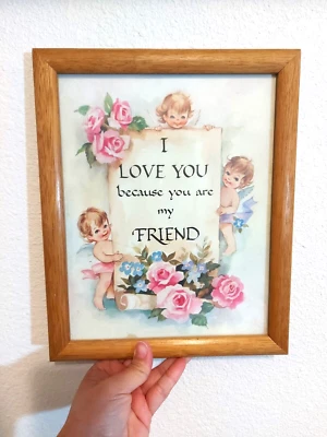 Vintage Inspired Love Friendship Angel Baby Floral Print Picture in Wood Frame - Image 1 of 3