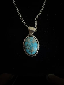 Navajo Jimmy Secatero Sterling Silver Necklace Kingman Turquoise - Picture 1 of 8