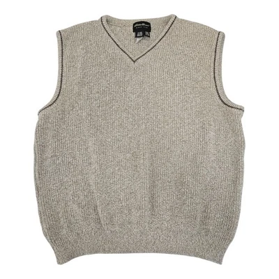 Colete suéter masculino Eddie Bauer gola V malha bronzeada couro algodão GG alto Y2K - Imagem 1 de 4