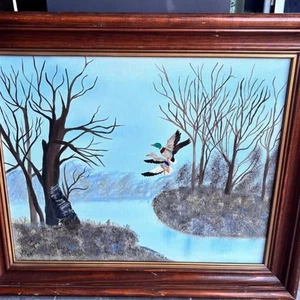Pintura al óleo firmada de colección ánades reales bosque paisaje cabaña estilo - Imagen 1 de 7