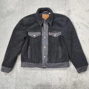Levis Premium Sherpa Trucker Jacket Mens Small Black Faux Fur Denim Warm Winter - Picture 1 of 12