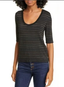 Veronica Beard Poppy U Neck Metallic Stripe 3/4 Sleeve Top Size Medium Black V14 - Picture 1 of 7