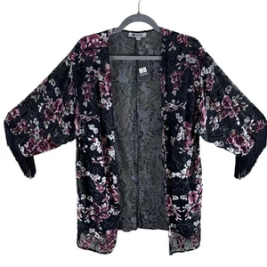MB Design NWT Floral Velvet Sheer 3/4 Fringe Sleeve Lightweight Open Blouse Sz S - Picture 1 of 6