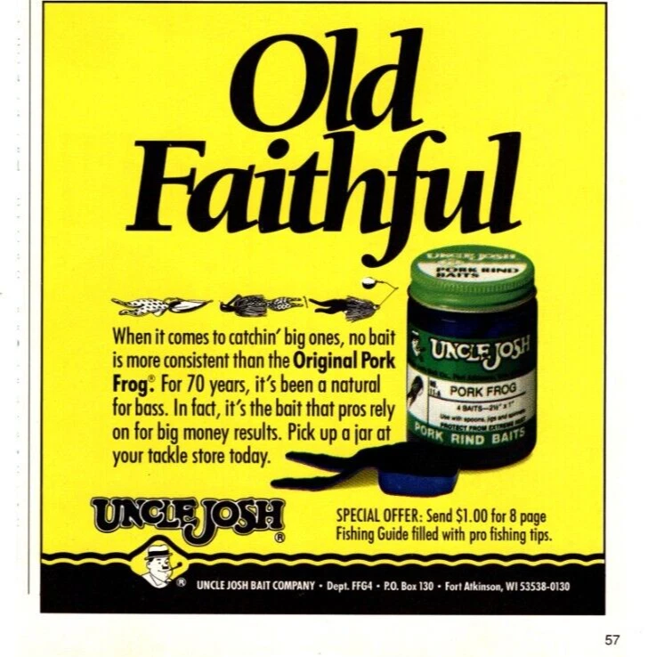 Anuncio impreso de cebo de rana corteza de cerdo Tío Josh 1991, aparejos de colección, cebo de pesca, anuncio Foto 1 de 1