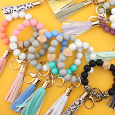 Women Bracelet Wristlet Keychain Leather Tassels Silicone Beads Key Ring Bangle