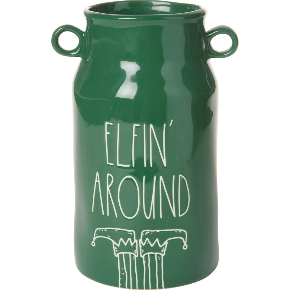 Jarrón de cerámica verde con doble mango Rae Dunn's Elfin' Around con zapatos de elfo florero nuevo Foto 1 de 1