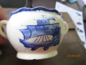 Antique Handpainted Japan Blue Sailing Ship Sugar Bowl Vintage Kitchen - Picture 1 of 5