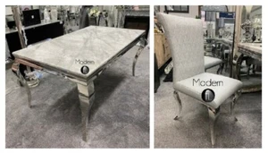 Louis Grey Marble Dining Table 1.5m & x6 Louis Grey Faux Leather Dining Chairs - Picture 1 of 8
