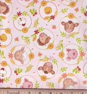 Farm Babies Horse Cow Sheep Fabric Pink Cotton Fabric Traditions By The Yard - Picture 1 of 1