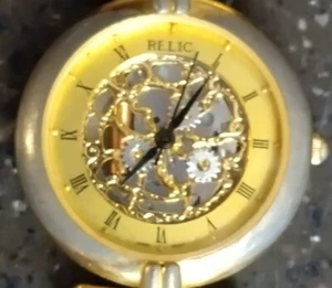 RELIC SKELETON WRIST WATCH  ZR 71000 GOLD TONE Brown Braided Leather Strap - Picture 1 of 4