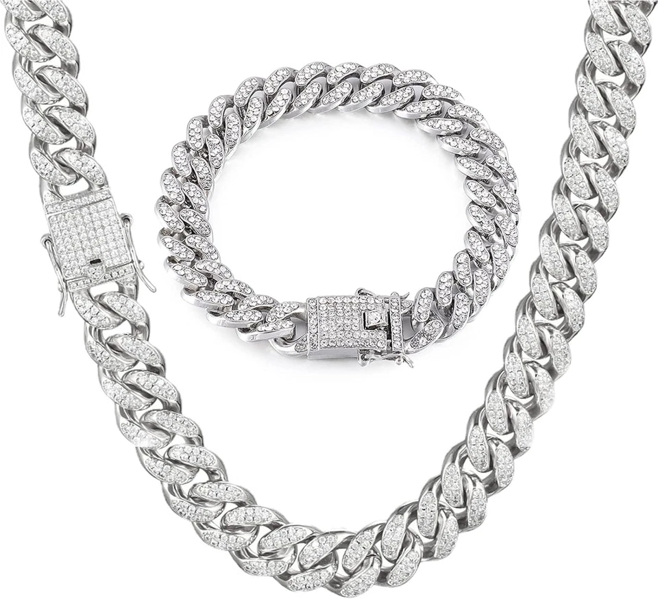 Cadena de eslabones cubanos para hombre, collar y pulsera de plata, cadenas cubanas de Miami, bling D Foto 1 de 4