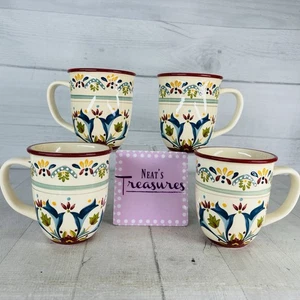 Bobby Flay SEVILLA  Floral Scroll Band Dot Red Trim Ceramic 12oz Cups Mugs Set 4 - Picture 1 of 18