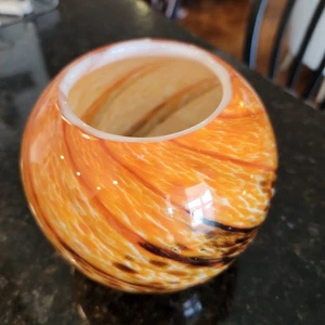 Vibrant Handblown Art Glass Vase Orange Swirl with Amber & White Speckles Round - Picture 1 of 4