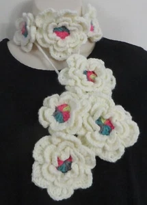 New Handmade Crochet White 64 Inches Flower Scarf Necklace Lariat - Picture 1 of 5