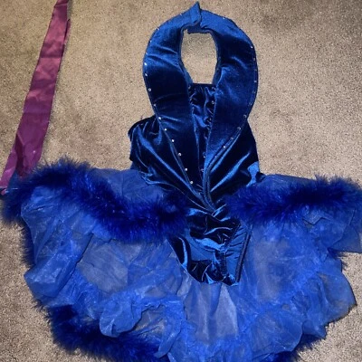 Halloween Girls Sz 10/12. Royal Blue Dance Costume Velour W/ Boa Trim Art Stone - Image 1 of 4