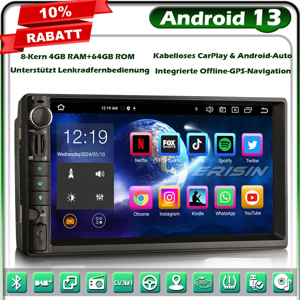 8-Kern 64GB Android 13 Doppel Din GPS Autoradio 2DIN Navi DSP CarPlay DAB+BT 5.0 - Bild 1 von 4