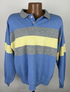 Vintage 90s VAN HEUSEN Rugby Sweatshirt L Polo Collar Blue Butter Yellow Stripe - Picture 1 of 16
