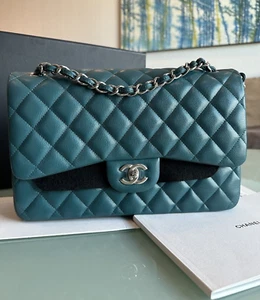 Chanel Classic Green Teal Jumbo Double Flap Bag Caviar SHW Holo26 - Picture 1 of 19