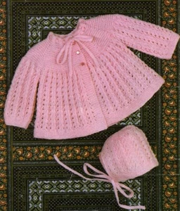 Matinee Coat & bonnet Baby Knitting Pattern copy 3 & 4 ply - Picture 1 of 2