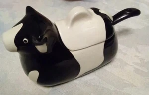 Black & White COW SUGAR BOWL WITH LID & SPOON TALOR&NG. 1986 Japan EUC - Picture 1 of 6