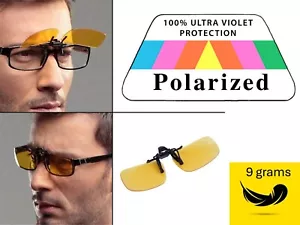 Clip-On Polarized Night Driving Glasses Yellow UV Protection Over Specs - Picture 1 of 8
