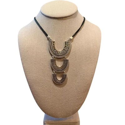 NWT Lucky Brand Pave Leather Arch Silver Boho Pendant Necklace - Image 1 of 4