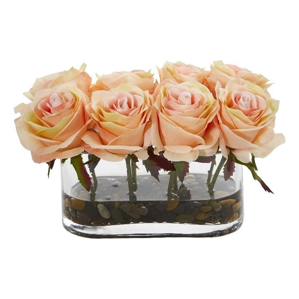 Nearly Natural 5.5" Blooming Roses in Glass Vase Artificial Arrangement - Image 1 of 1
