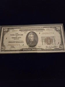 1929 $20⁰ Dollar Brown Seal Kansas City MO Federal Reserve Note Series 1929 - Picture 1 of 2