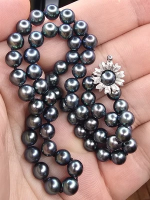 Collar Vintage Oro Blanco 14k Y Perlas Negras 16" Largo 6mm Foto 1 de 4