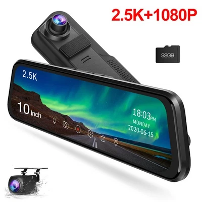 TOGUARD 10" Mirror Dash Cam 2.5K Rear View Mirror Dash Camera Front & Rear 32GB