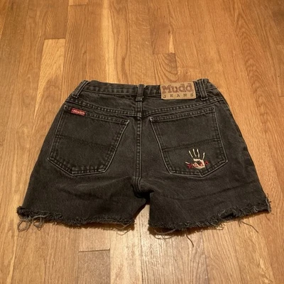 Vtg 90s Y2K Mudd Size 3 Black Denim Cut Off Jean Shorts Tan Embroidered - Image 1 of 4