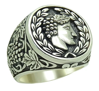 Sommelier Silver 925 Men Ring Dionysus Bacchus Wine God Signet Mythology Jewelry - Image 1 of 4