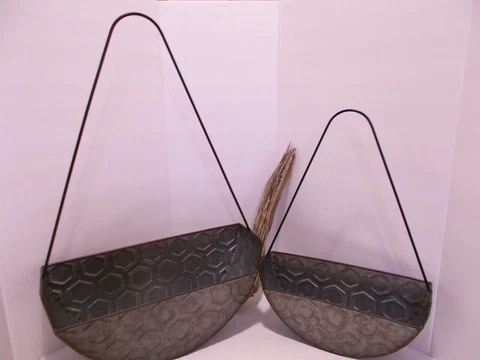 Galvanized Metal Wall Pockets - Set of 2 Hanging Baskets or Wall Planters Cover